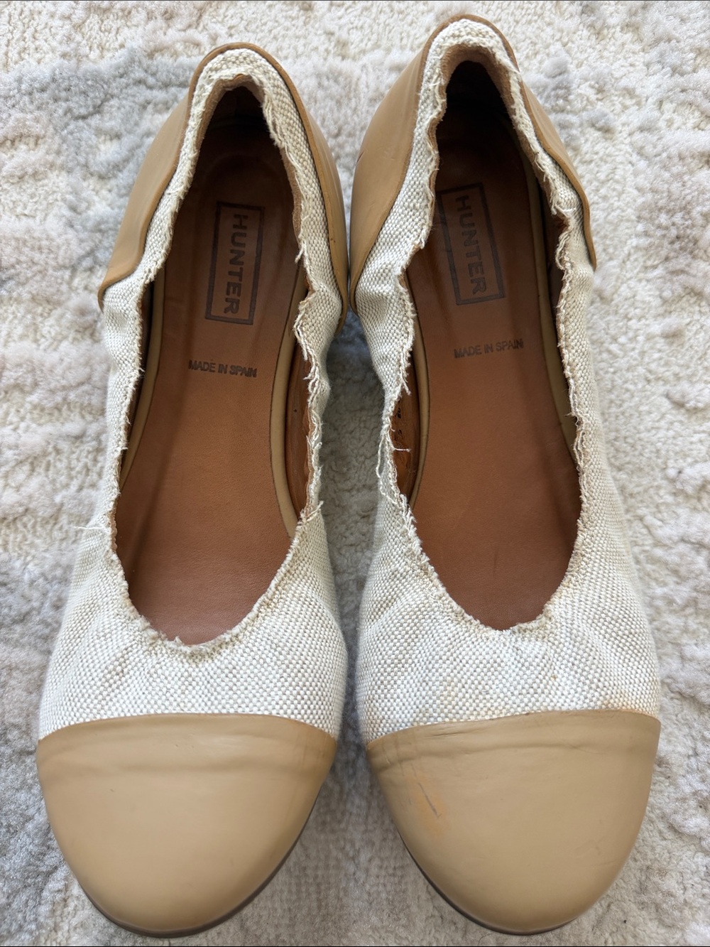 Hunter Beige Canvas and Tan Leather Cap-Toe Ballet Flats